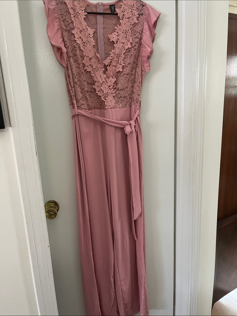 SHEIN Dusty Rose Lace-Top Jumpsuit with Tie Waist